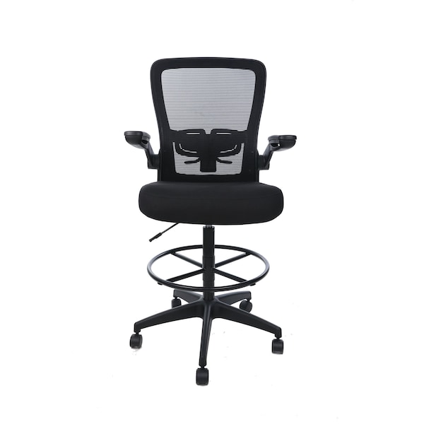 Boss Office Products Deluxe Drafting Chair, Black Frame, Black Mesh and Fabric with Flip Arms - B16366BK-BK