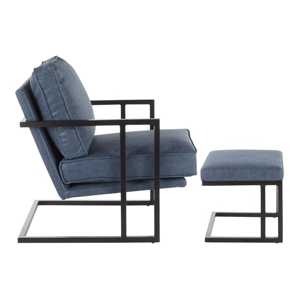 Lumisource Roman Lounge Chair and Ottoman in Black Metal and Blue Faux Leather - C2-ROMAN BKBU