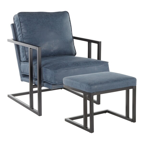 Lumisource Roman Lounge Chair and Ottoman in Black Metal and Blue Faux Leather - C2-ROMAN BKBU