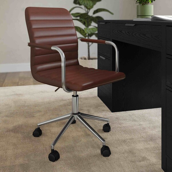 Martha Stewart Taytum Upholstered Office Chair in Saddle Brown/Polished Nickel - CH-142370-BR-MS