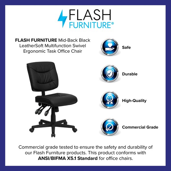 Flash Furniture Leather Task Chair, 22 1/4-, No Arm, Back, Seat, Frame: Black - GO-1574-BK-GG
