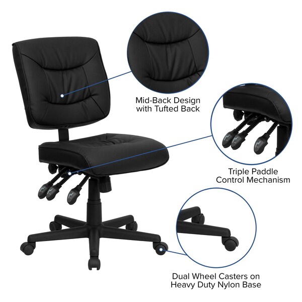 Flash Furniture Leather Task Chair, 22 1/4-, No Arm, Back, Seat, Frame: Black - GO-1574-BK-GG