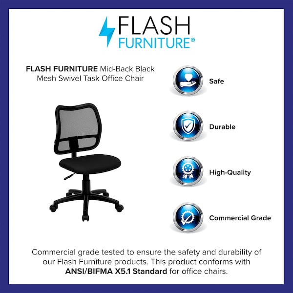 Flash Furniture Fabric Task Chair, 21 1/2-, No Arm, Back, Seat, Frame: Black - WL-A277-BK-GG