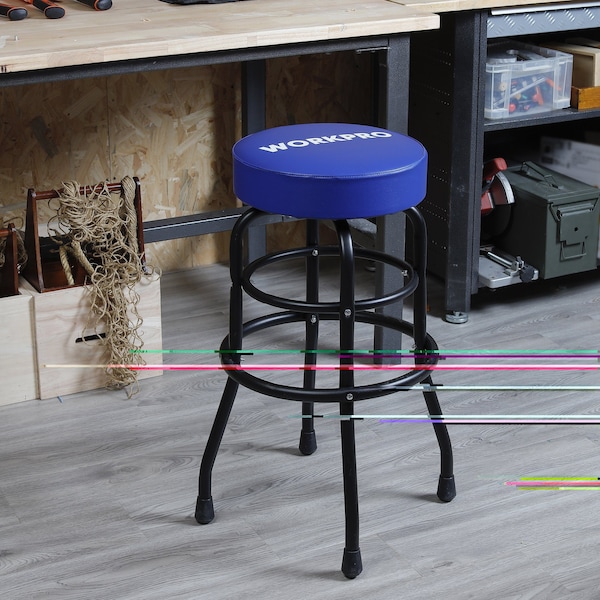 Prime-Line WORKPRO Garage Shop Stool, Swivel Cushion Seat, Black Powder Coated Legs & Footrest - W112003