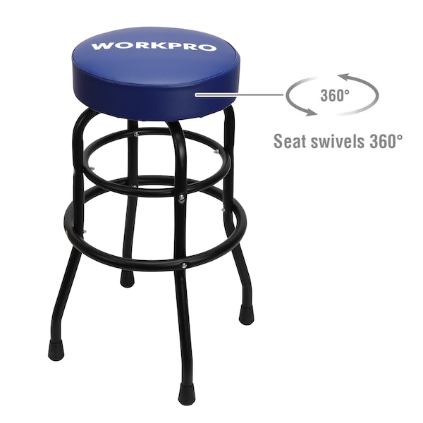 Prime-Line WORKPRO Garage Shop Stool, Swivel Cushion Seat, Black Powder Coated Legs & Footrest - W112003