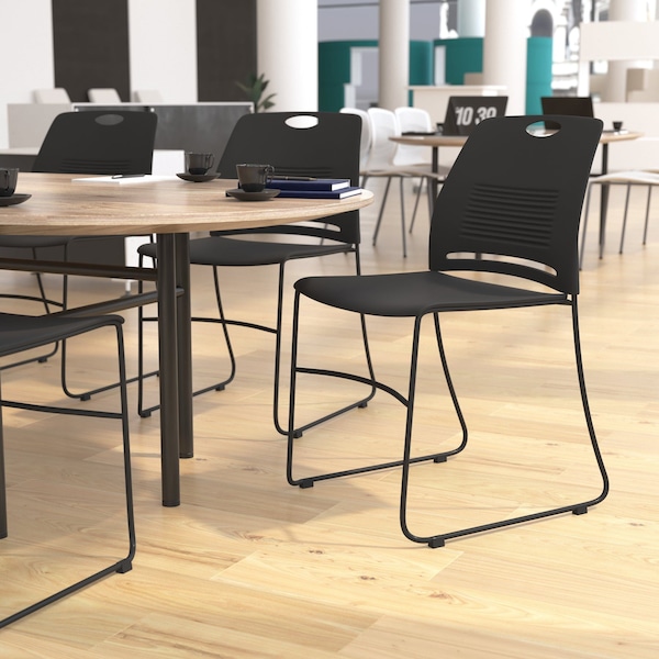 Flash Furniture Black Plastic Stack Chair with Steel Sled Base - RUT-NC499A-BK-GG