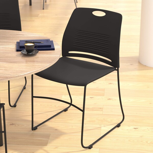 Flash Furniture Black Plastic Stack Chair with Steel Sled Base - RUT-NC499A-BK-GG