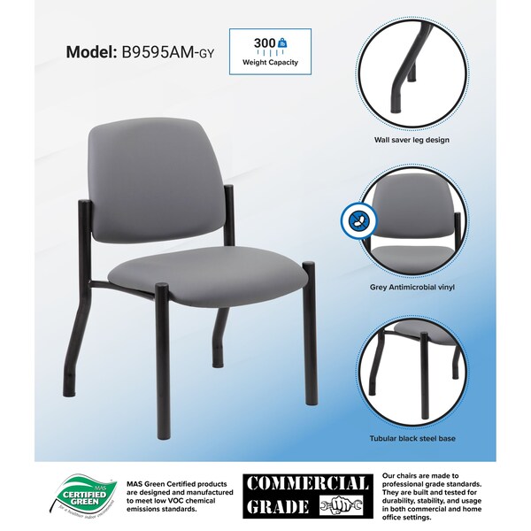 Boss Office Products Patient Guest Armless Chair, Black Steel Frame, Gray Antimicrobial Vinyl, 300 lb Capacity - B9595AM-GY
