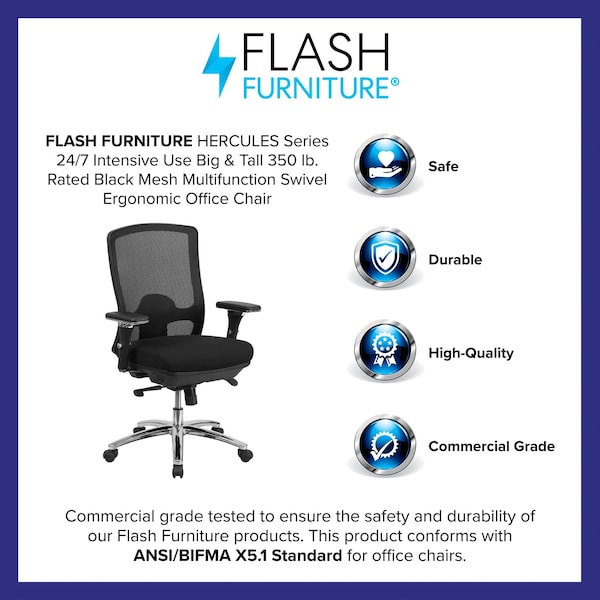 Flash Furniture Contemporary Chair Mid-Back, 24/7 Use, 350 lb. Capacity, Black, Adjustable Arms, 20-1/2" to 24" Height - LQ-2-BK-GG