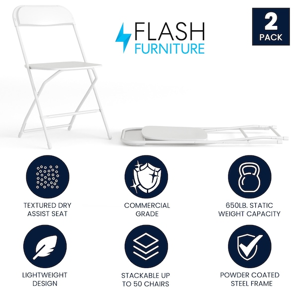 Flash Furniture Hercules Series Plastic Folding Chair White - 2 Pack 650LB Weight Capacity Comfortable Event Chair-Lightweight Folding Chair - 2-LE-L-3-WHITE-GG