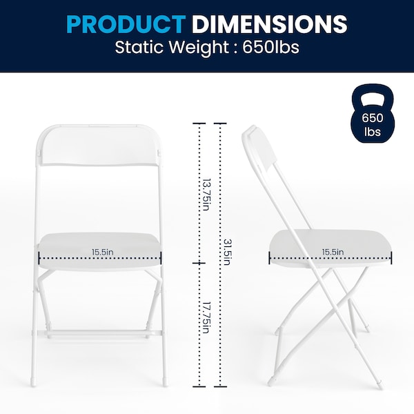 Flash Furniture Hercules Series Plastic Folding Chair White - 2 Pack 650LB Weight Capacity Comfortable Event Chair-Lightweight Folding Chair - 2-LE-L-3-WHITE-GG