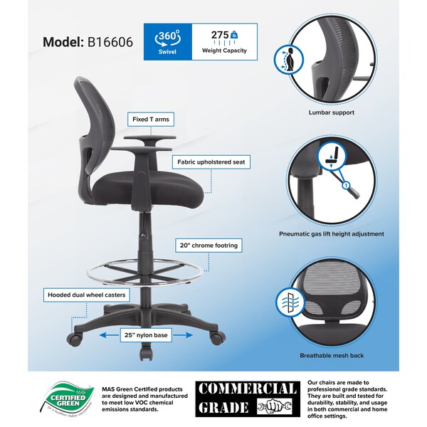 Boss Office Products Commercial Grade Mesh Drafting Chair - with Arms - B16606