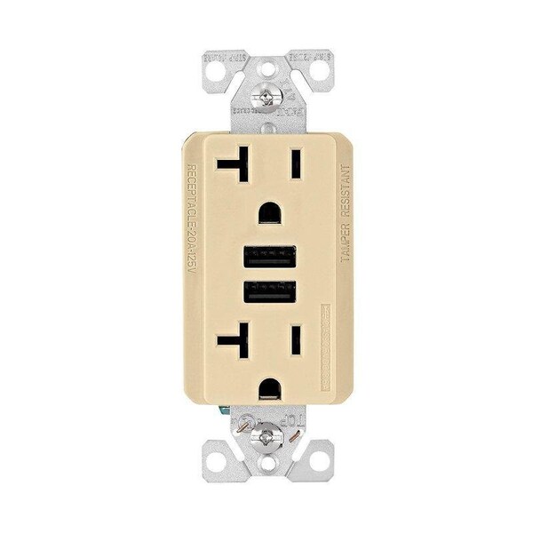 Eaton Wiring Devices Eaton Duplex Receptacle with USB Ports, 2 -Pole, 20 A, 125 V, NEMA: 5-20R, Ivory - TR7766V-BOX