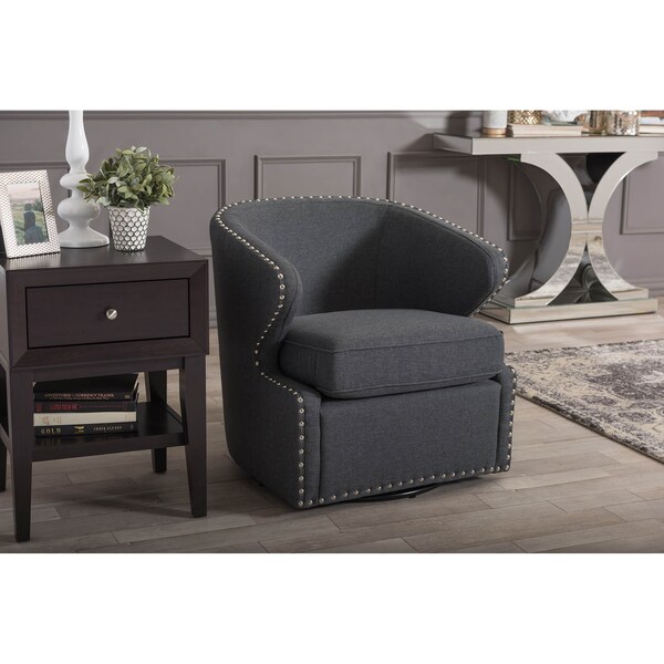 Baxton Studio Finley Mid-century Modern Grey Upholstered Swivel Armchair - 123-6951