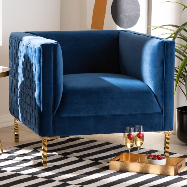Baxton Studio Seraphin Navy Blue Velvet Upholstered Gold Finished Armchair - 157-9794