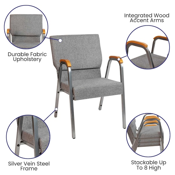 Flash Furniture Gray Fabric Stackable Church Chair with Arms - XU-DG-60156-GY-GG