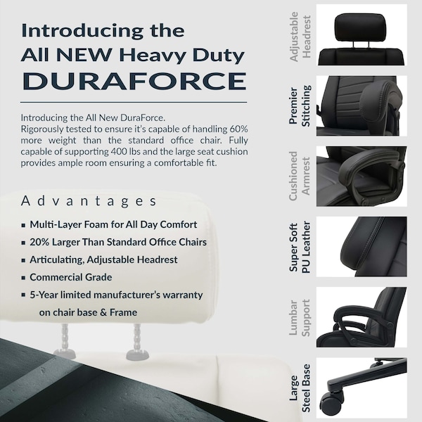 Regency DuraForce Big & Tall Ergonomic Executive Office Chair, 400 lbs Support, Black - DUR001BK