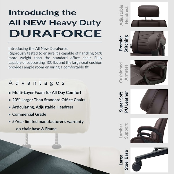 Regency DuraForce Big & Tall Ergonomic Executive Office Chair, 400 lbs Support, Brown - DUR001BR