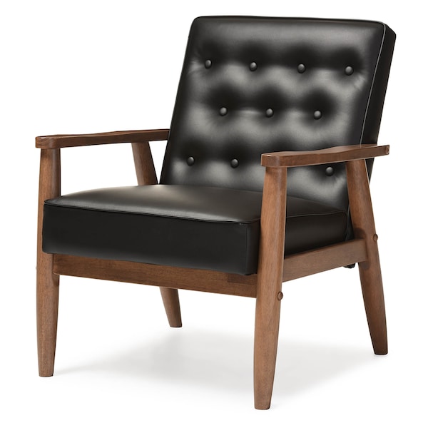 Baxton Studio Sorrento Black Faux Leather Upholstered Wooden Lounge Chair - 122-6764