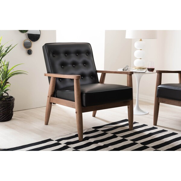 Baxton Studio Sorrento Black Faux Leather Upholstered Wooden Lounge Chair - 122-6764