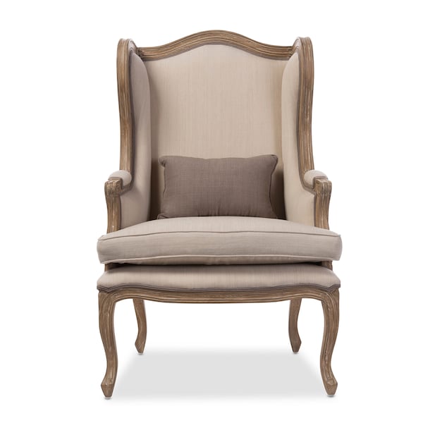 Baxton Studio Oreille White Wash Distressed Two-tone Beige Upholstered Armchair - 121-6652