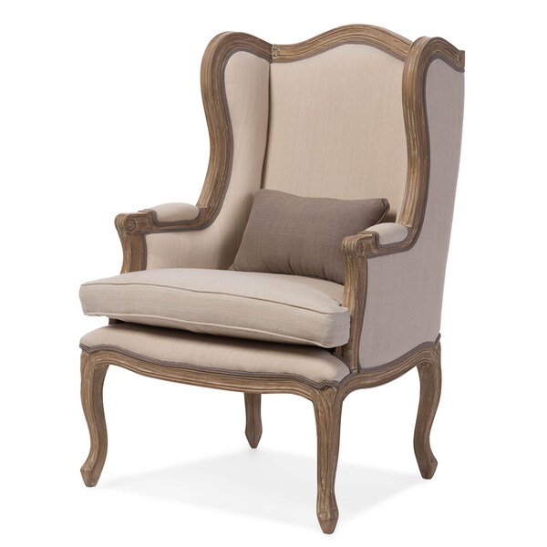 Baxton Studio Oreille White Wash Distressed Two-tone Beige Upholstered Armchair - 121-6652