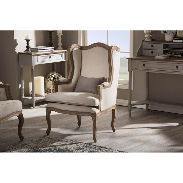 Baxton Studio Oreille White Wash Distressed Two-tone Beige Upholstered Armchair - 121-6652