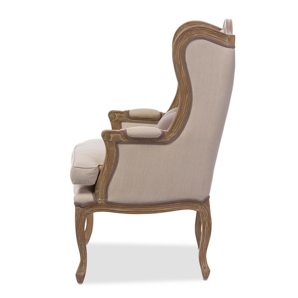 Baxton Studio Oreille White Wash Distressed Two-tone Beige Upholstered Armchair - 121-6652