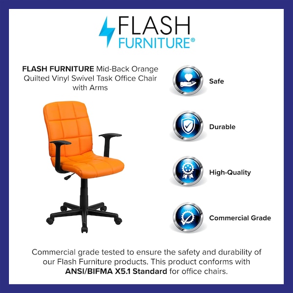 Flash Furniture Metal Contemporary Chair, 16-3/4" to 21-3/4, Fixed Arms, Orange - GO-1691-1-ORG-A-GG