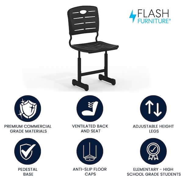 Flash Furniture Student Chair, Black Back, 16-1/4 in W 15-1/4" L 32-1/2" H, Adjustable, Plastic Seat - YU-YCX-09010-GG