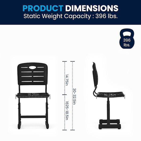 Flash Furniture Student Chair, Black Back, 16-1/4 in W 15-1/4" L 32-1/2" H, Adjustable, Plastic Seat - YU-YCX-09010-GG