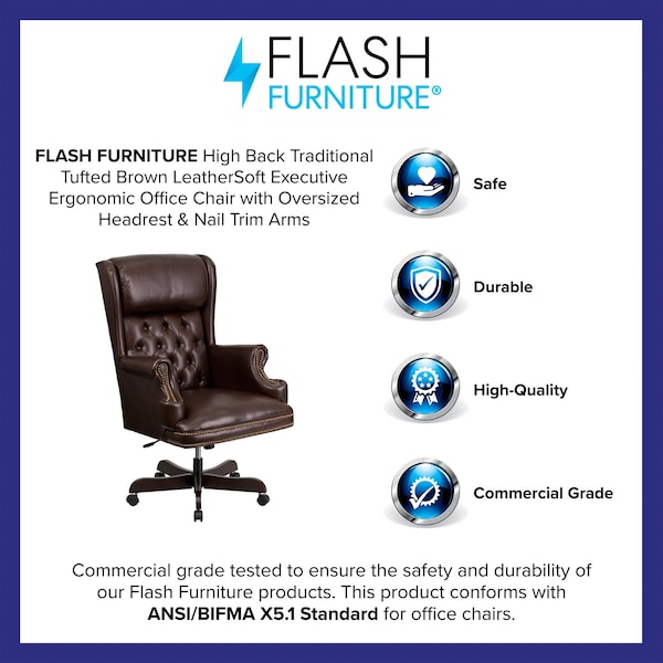 Flash Furniture Executive Chair Fixed Arms, 18-1/2" to 21" Height, Leather, Brown - CI-J600-BRN-GG