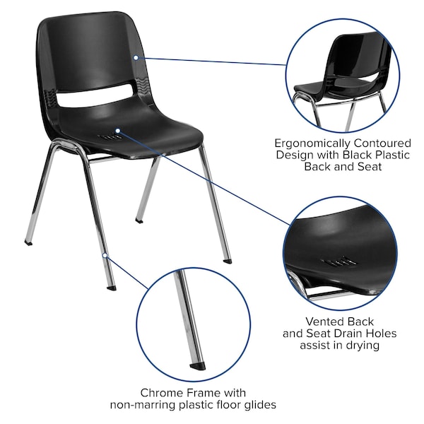 Flash Furniture Stack Chair, Plastic, Black, 18" H - RUT-18-BK-CHR-GG
