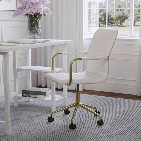 Martha Stewart Taytum Upholstered Office Chair in White/Polished Brass - CH-142370-WH-GLD-MS