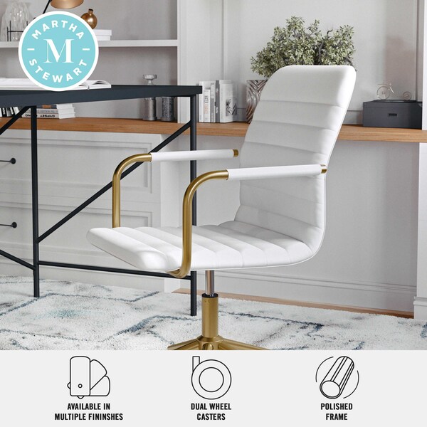 Martha Stewart Taytum Upholstered Office Chair in White/Polished Brass - CH-142370-WH-GLD-MS