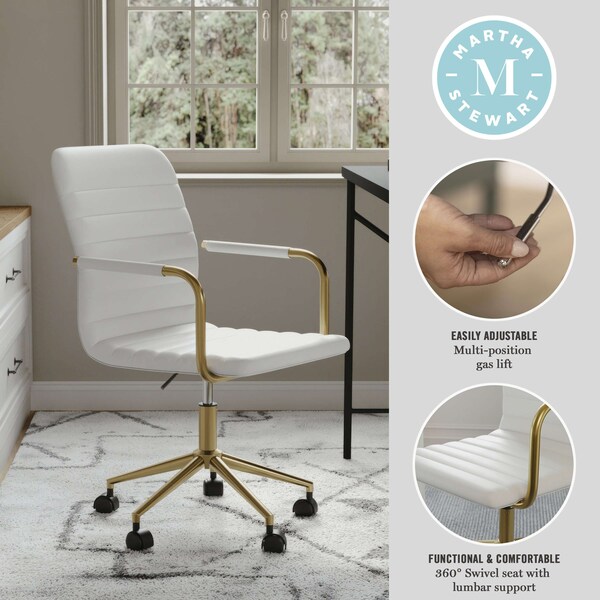 Martha Stewart Taytum Upholstered Office Chair in White/Polished Brass - CH-142370-WH-GLD-MS