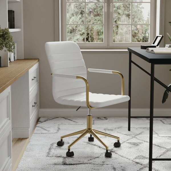 Martha Stewart Taytum Upholstered Office Chair in White/Polished Brass - CH-142370-WH-GLD-MS