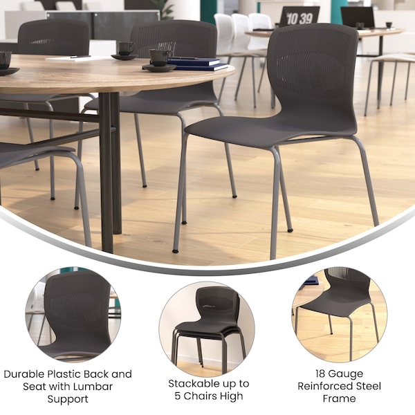 Flash Furniture Gray Plastic Stack Chairs with Lumbar Support, PK 5 - 5-RUT-NC618-GY-GG