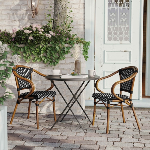 Flash Furniture Bordeaux French Bistro Stacking Chair w/Arms, Black/White PE Rattan/Bamboo Print Alum Frame, 2PK - 2-SDA-ADS642142-BKWH-NAT-GG