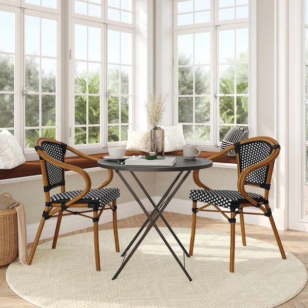 Flash Furniture Bordeaux French Bistro Stacking Chair w/Arms, Black/White PE Rattan/Bamboo Print Alum Frame, 2PK - 2-SDA-ADS642142-BKWH-NAT-GG