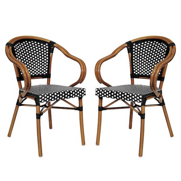 Flash Furniture Bordeaux French Bistro Stacking Chair w/Arms, Black/White PE Rattan/Bamboo Print Alum Frame, 2PK - 2-SDA-ADS642142-BKWH-NAT-GG