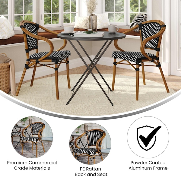 Flash Furniture Bordeaux French Bistro Stacking Chair w/Arms, Black/White PE Rattan/Bamboo Print Alum Frame, 2PK - 2-SDA-ADS642142-BKWH-NAT-GG