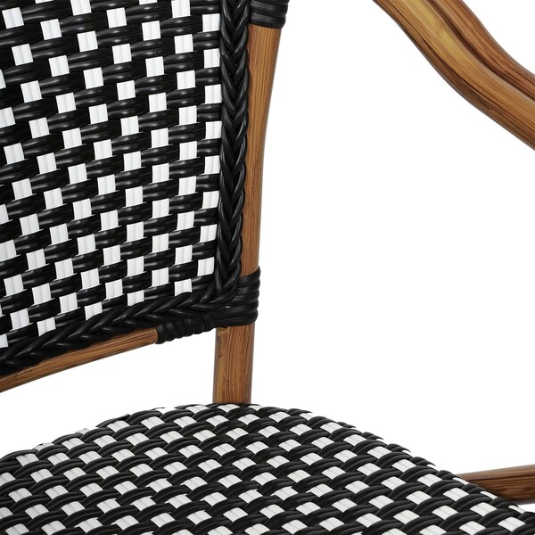 Flash Furniture Bordeaux French Bistro Stacking Chair w/Arms, Black/White PE Rattan/Bamboo Print Alum Frame, 2PK - 2-SDA-ADS642142-BKWH-NAT-GG