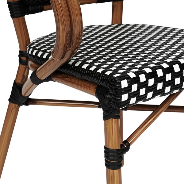 Flash Furniture Bordeaux French Bistro Stacking Chair w/Arms, Black/White PE Rattan/Bamboo Print Alum Frame, 2PK - 2-SDA-ADS642142-BKWH-NAT-GG