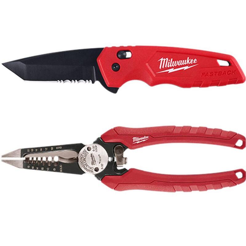 Milwaukee FASTBACK Stainless Steel Spring Assisted Folding Knife with 2.95 in. Blade and 6-in-1 Wire Strippers Pliers - 48-22-1530-48-22-3079