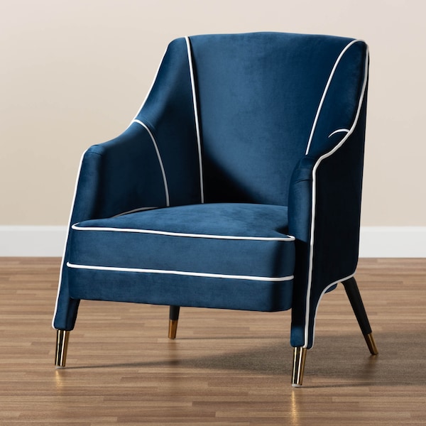 Baxton Studio Ainslie Navy Blue Velvet Upholstered Gold Finished Armchair - 159-9842