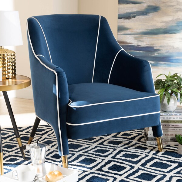 Baxton Studio Ainslie Navy Blue Velvet Upholstered Gold Finished Armchair - 159-9842