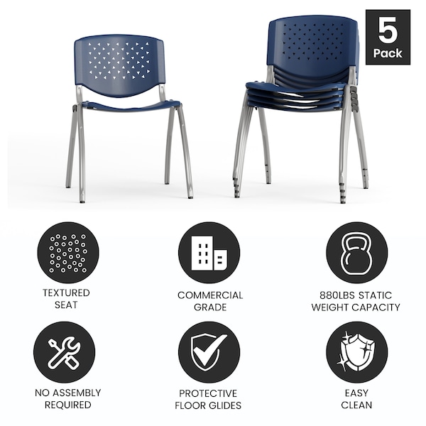 Flash Furniture HERCULES Series 5 Pack 880 lb. Capacity Navy Plastic Stack Chair with Titanium Gray Powder Coated Frame - 5-RUT-F01A-NY-GG