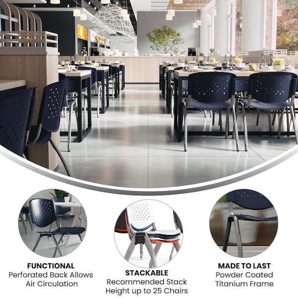 Flash Furniture HERCULES Series 5 Pack 880 lb. Capacity Navy Plastic Stack Chair with Titanium Gray Powder Coated Frame - 5-RUT-F01A-NY-GG