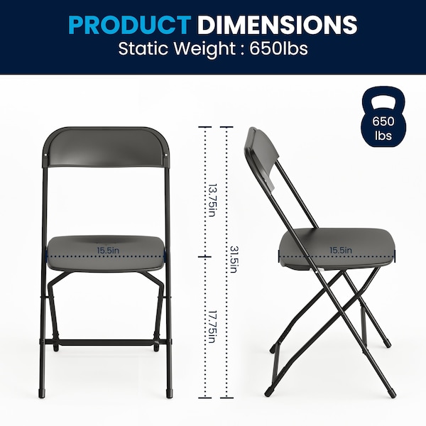 Flash Furniture Hercules Series Plastic Folding Chair Black - 10 Pack 650LB Weight Capacity Comfortable Event Chair-Lightweight Folding Chair - 10-LE-L-3-BK-GG